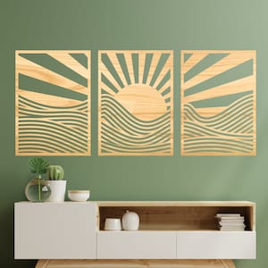 Zon en berg muur decor, moderne muur kunst uit het midden van de eeuw, Boho Sunshine set van 3 panelen, minimaal landschap silhouet, retro muur kunst set