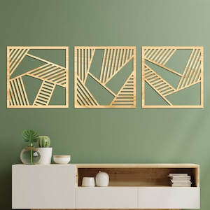 Geometric Wood Wall Decor, Abstract Wooden Panel, Trypid Wall Art, Set of 3 Wall Decor, Oak Wall Art