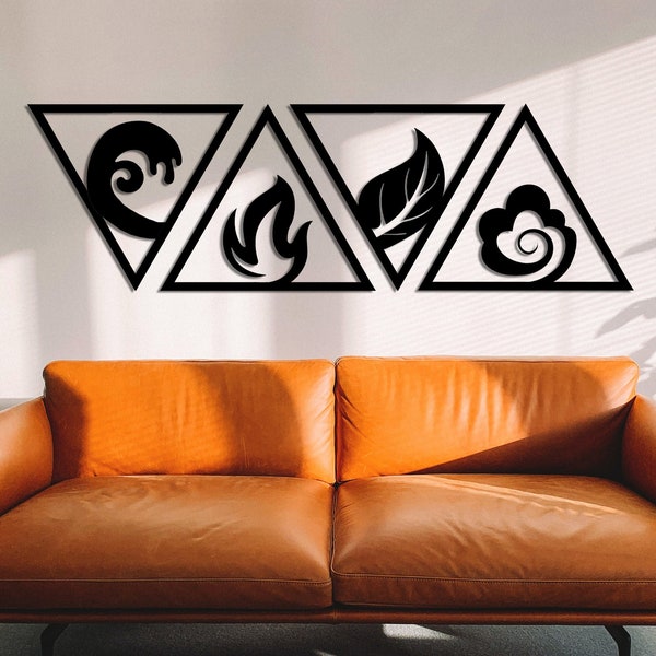 Avatar Four Nations Wood Wall Art, Classical 4 Elements Symbol, Earth Fire Water Air Signs, Fire Nation