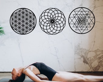 Sacred Geometry Wall Set, Chakra Wall Hanging, Zen Wall Decor, Metatrons Cube, Meditation Decor