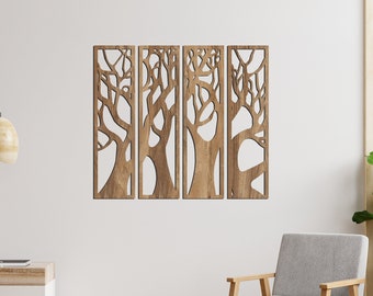Tree Wood Wall Art, 4 Panels Tree of Life Decor, Forest Style Room Decor, Laser Cut Mdf, Nature Wooden Wall Art
