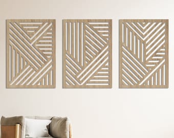 Geometric Wood Mountain Wall Art, Panels Set of 3 Abstract Wooden Artwork, Aesthetic Minimalist Room Decor