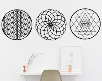 Sacred Geometry Wall Art,  Sri Yantra Wall Decor,  Flower Of Life Set of 3 Wall Art, Yoga Decor