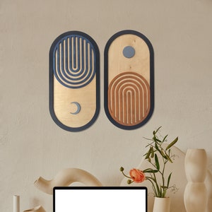 Minimal Sun and Moon Wall Art, Mid Century Modern Wooden Home Decor, Day and Night Abstract Wall Art, Above Bed Decor, Sunrise Wall Art