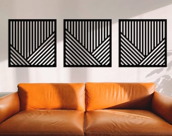 Träväggkonst med berg, träväggkonst med 3 delar, geometrisk bergdekor, minimalistiskt berg