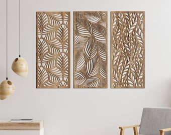 Tree Leaves Wooden Wall Decor, Triptych Leaves Wood Wall Panels, Large Tropical 3D Laser Cut Art, Fall Above Bed Decoration, Palm Leaf