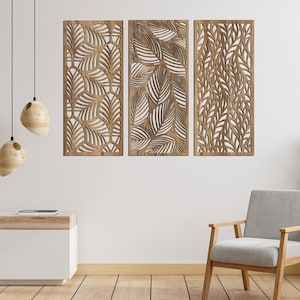 Tree Leaves Wooden Wall Decor, Triptych Leaves Wood Wall Panels, Large Tropical 3D Laser Cut Art, Fall Above Bed Decoration, Palm Leaf