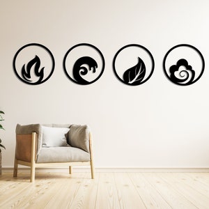 May include: Four black metal wall decor circles featuring different symbols: fire, water, earth, and air. The circles are hanging on a white wall in a living room setting.