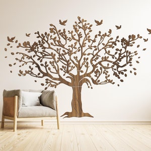 Extra Large Family Tree, Wood Wall Decor, Tree of life Wall Panel, Living Room Large Wall Art, Natural Tree Art, Branch and Birds Silhouette
