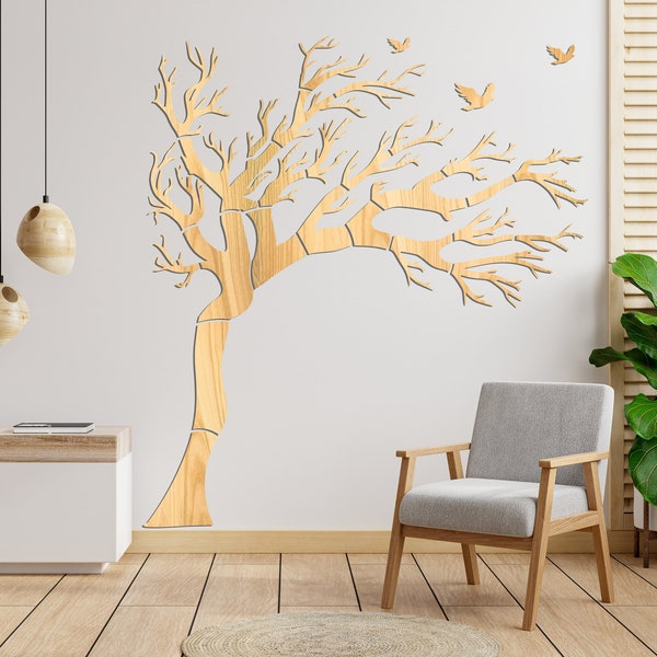 Arte de pared de madera de árbol genealógico extra grande, decoración del concepto de otoño del paisaje, corte láser de ramas y pájaros, decoración de madera única