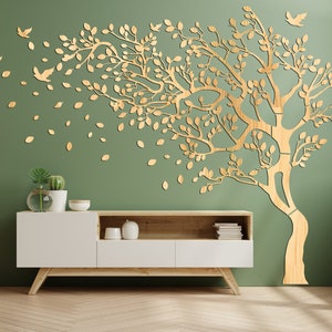 Baum des Lebens Holzpaneele, über dem Bett, Wandkunst, Naturlandschaft, Raumdekoration, minimale Blätter und Vögel, Weihnachten Boho Baum