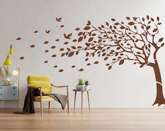 Grande decorazione da parete in legno, decorazione da parete per albero genealogico, decorazione da parete per soggiorno, idea regalo per la casa, foresta e uccello