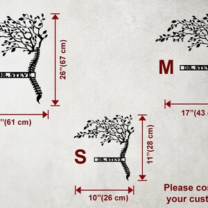 May include: Three sizes of a black and white vinyl decal of a tree growing out of a human spine. The decal includes the text "DR. STEVE". The sizes are labeled "L", "M", and "S" with measurements in inches and centimeters.