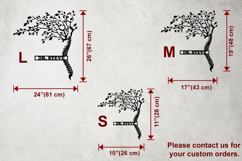 May include: Three sizes of a black and white vinyl decal of a tree growing out of a human spine. The decal includes the text "DR. STEVE". The sizes are labeled "L", "M", and "S" with measurements in inches and centimeters.
