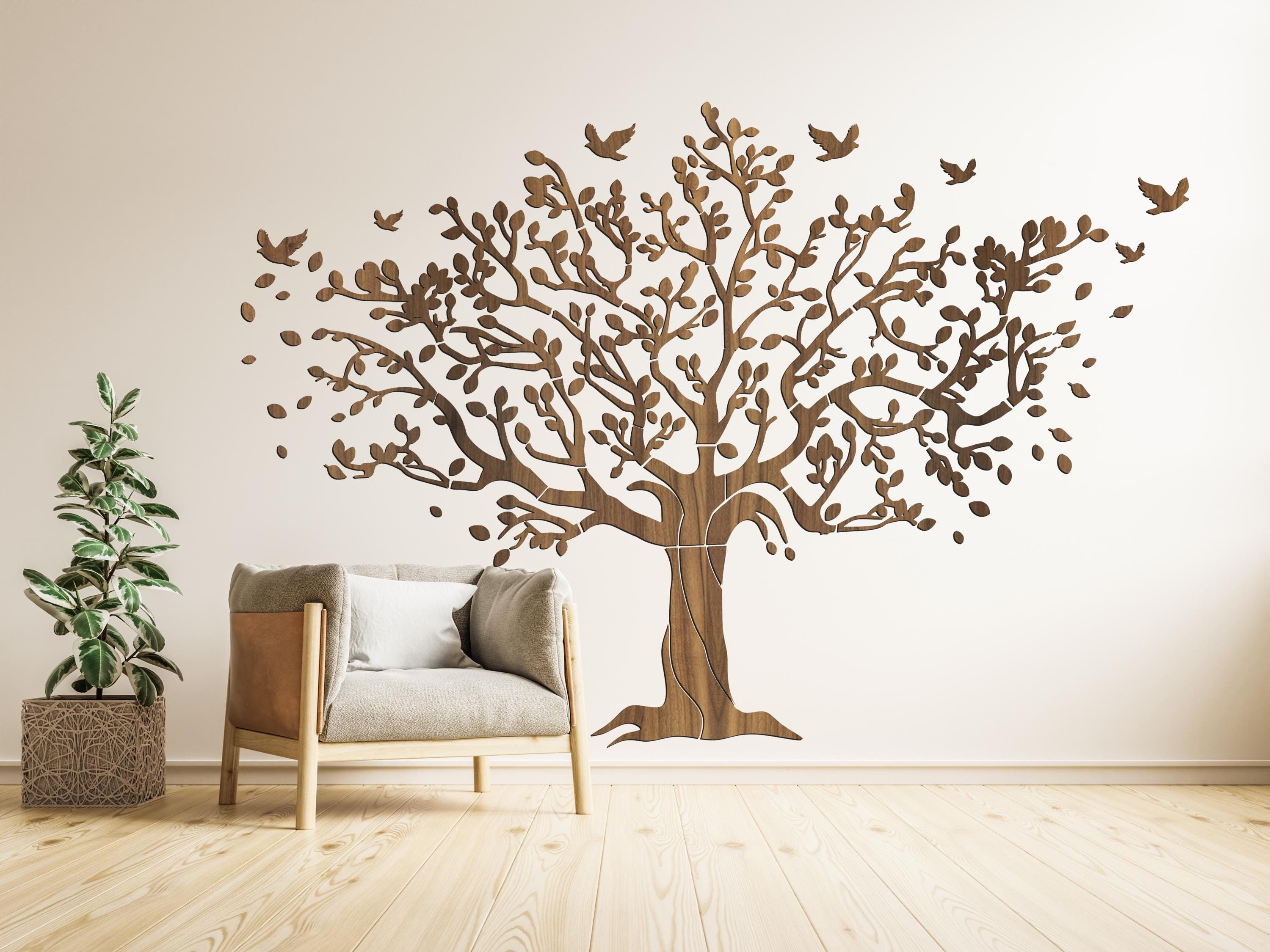 Extra Large Family Tree, Wood Wall Decor, Tree of life Wall Panel, Living Room Large Wall Art, Natural Tree Art, Branch and Birds Silhouette