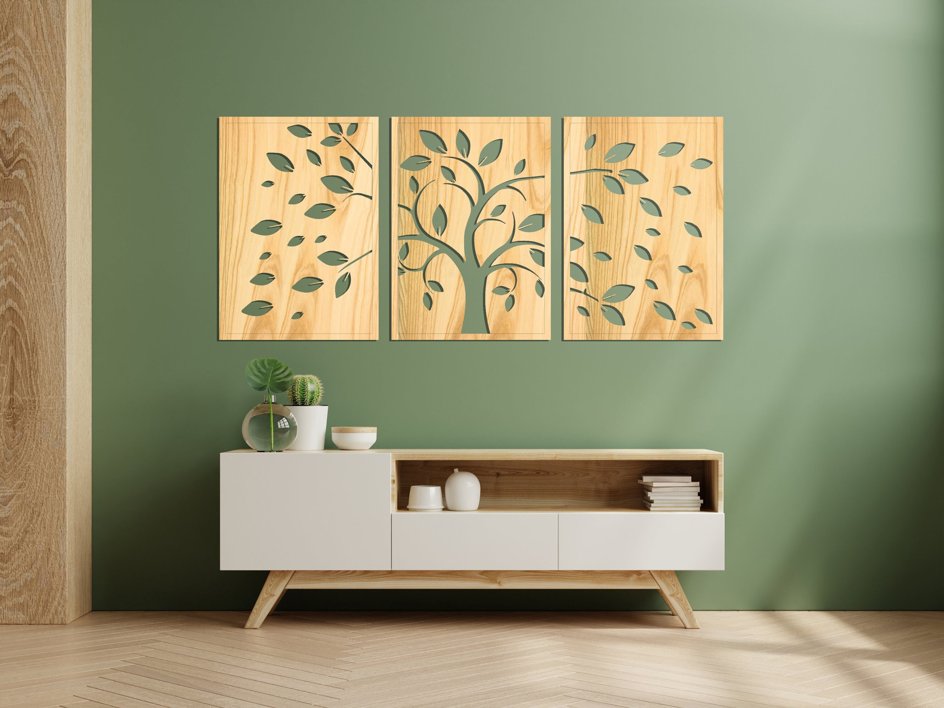 Decorazioni Murali Legno Stile Bohemian - 3 Pezzi Per Parete, Design Naturale Con Sfondo Verde
