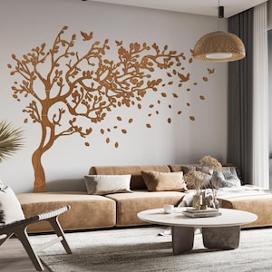 Tree of Life Wood Panels, Nature Landscape Room Decoration, Minimal Leaves and Birds Decor, Wooden Ancestry Tree Wall Decor