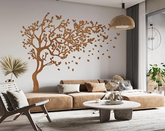 Tree of Life Wood Panels, Nature Landscape Room Decoration, Minimal Leaves and Birds Decor, Wooden Ancestry Tree Wall Decor