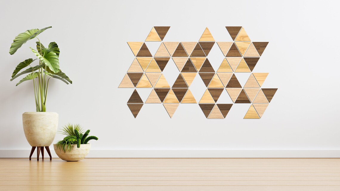 Wooden Triangle Wall Art, Large Wood Tiles Home Decor, Geometric Shapes ...