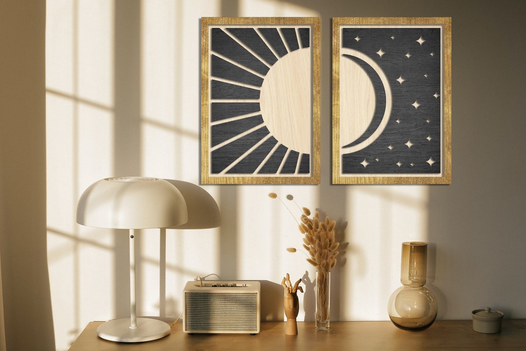 Sun and Moon Wall Art, Mid Century Modern, 2 Piece Wall Decor, Black ...
