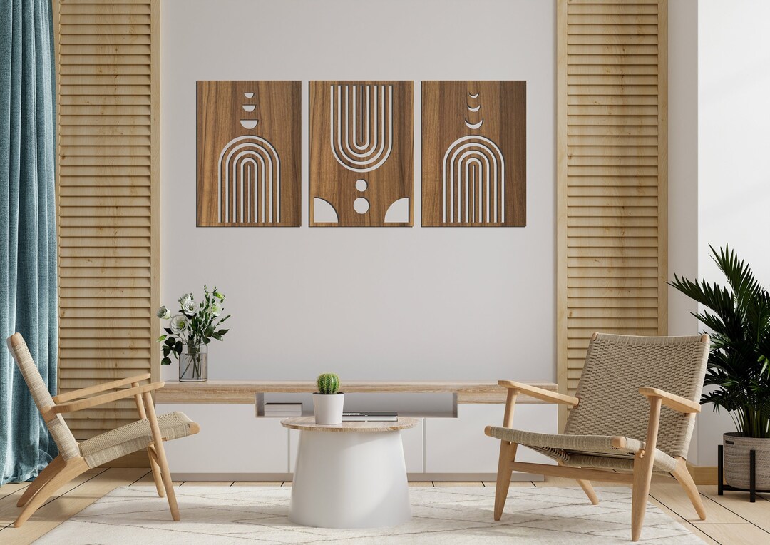 Mid Century Modern Wooden Wall Art, Geometric Boho Above Bed Decor, Set ...