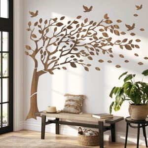 Large Wooden Wall Art, Tree of Life Wall Decor, Windswept Tree with Birds Wood Wall Hanging, Nature Inspired Living Room Decor, Entryway Art