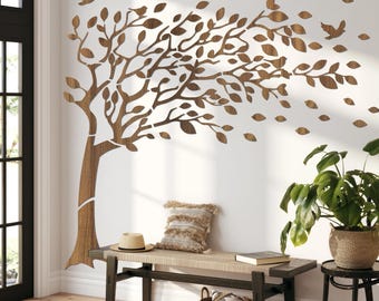 Large Wooden Wall Art, Tree of Life Wall Decor, Windswept Tree with Birds Wood Wall Hanging, Nature Inspired Living Room Decor, Entryway Art