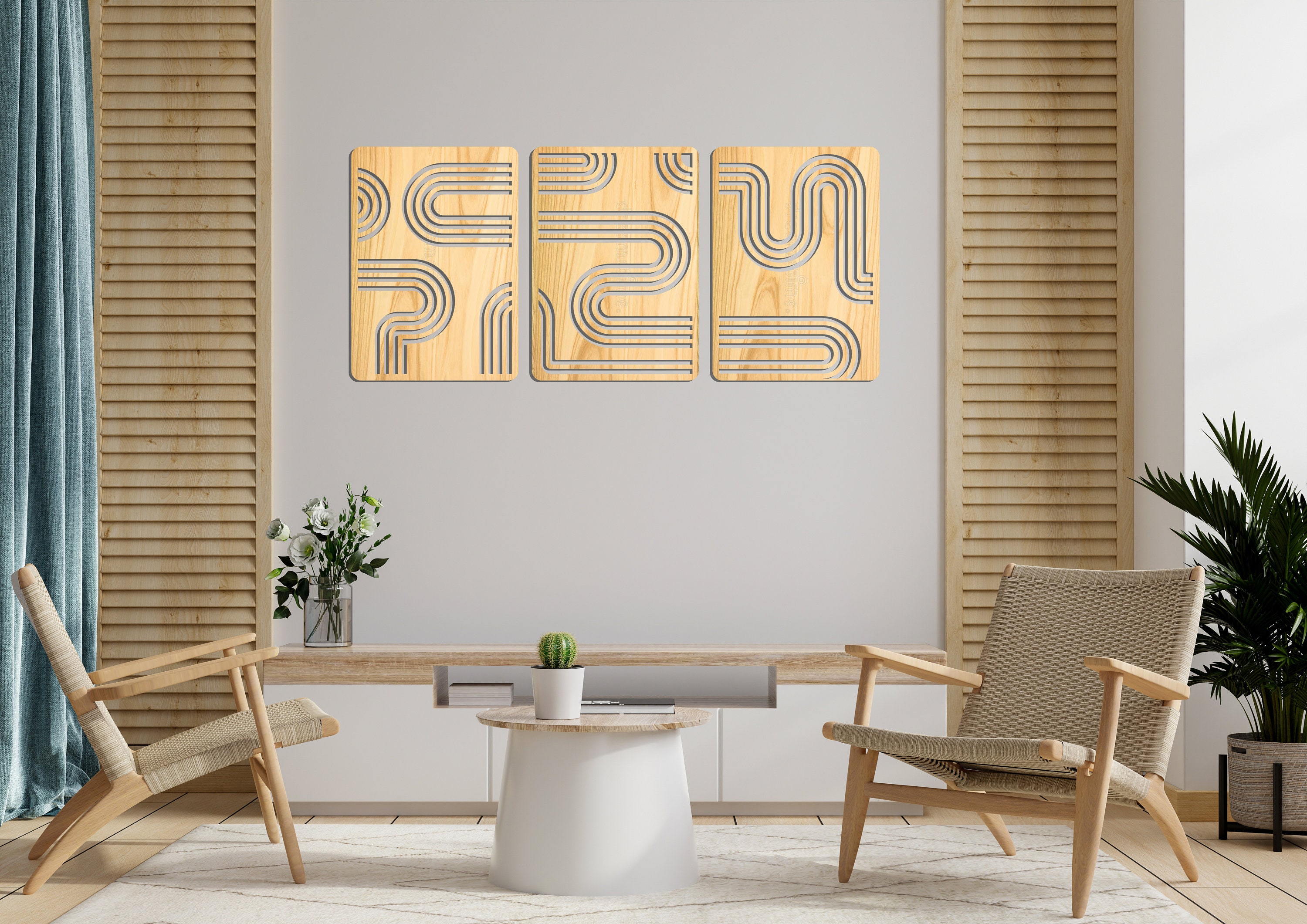 Mid Century Modern Wooden Wall Art Set, Retro Wood Wall Decor, 3 Piece ...