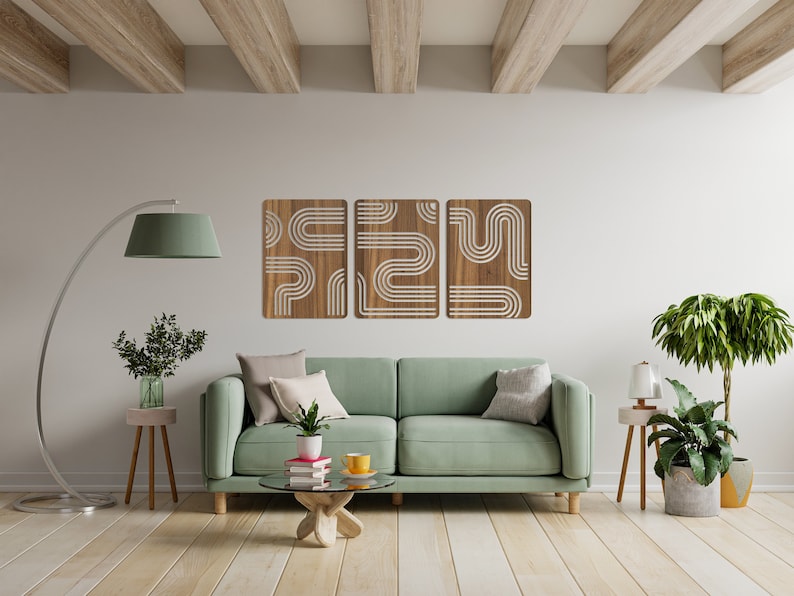 Mid Century Modern Wooden Wall Art Set, Retro Wood Wall Decor, 3 Piece ...