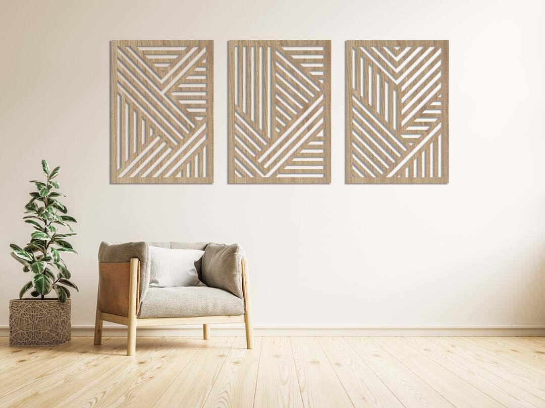 Geometric Wood Mountain Wall Art, Panels Set of 3 Abstract Wooden ...