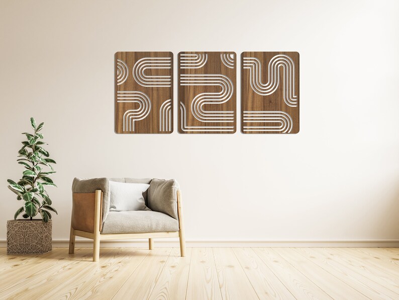 Mid Century Modern Wooden Wall Art Set, Retro Wood Wall Decor, 3 Piece ...