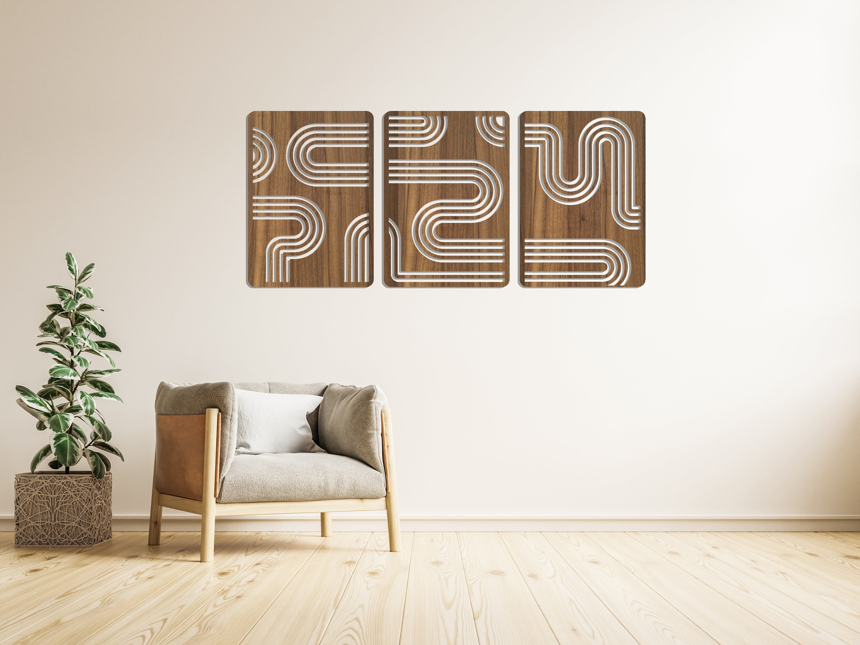 Mid Century Modern Wooden Wall Art Set, Retro Wood Wall Decor, 3 Piece ...