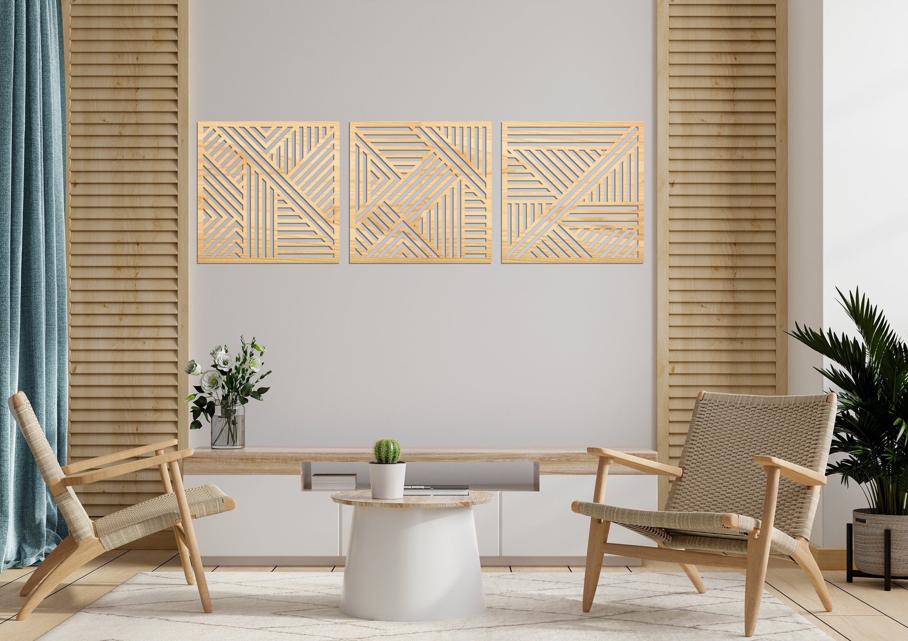 Geometric Wood Wall Art, Minimalist Wall Decor, Set of 3 Abstract Home ...