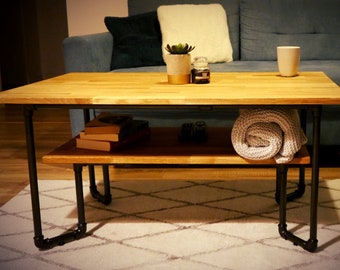 Industrial Coffee Table - steel pipes & beech, handmade