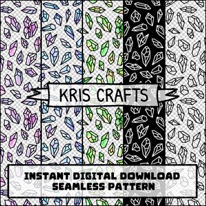 May include: Digital download graphic with seamless crystal patterns in purple, blue, green, black, and white. The image includes the text "Kris Crafts" and "Instant Digital Download Seamless Pattern."