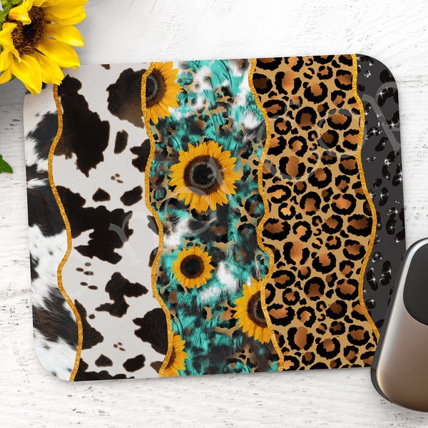 Cowhide Leopard Sunflower Mouse Pad JPG, Sublimation Design, Western Design Mouse Pad,Mouse Pad Template,Turquoise Mouse Pad JPG Design