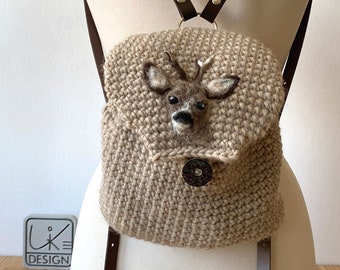 Mochila de ganchillo de ciervo beige, única hecha a mano, motivo animal de bolso de ganchillo, retrato de ciervo de fieltro de mochila, mochila de animales del bosque para jóvenes y mayores