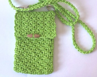 Borsa per cellulare verde lavorata all'uncinetto come borsa a tracolla, mini borsa fatta a mano