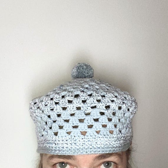 Crochet Hat Matt Light Blue Granny Look, Beret With Pompom  display picture 3
