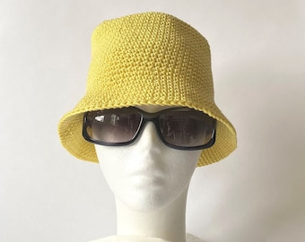 chapeau de pêcheur jaune, uni crocheté, fait à la main en coton biologique