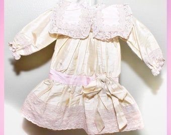 Vtg Pink Gold Lace Collar Dress for Antique French German Bisque Doll 12.5" Long