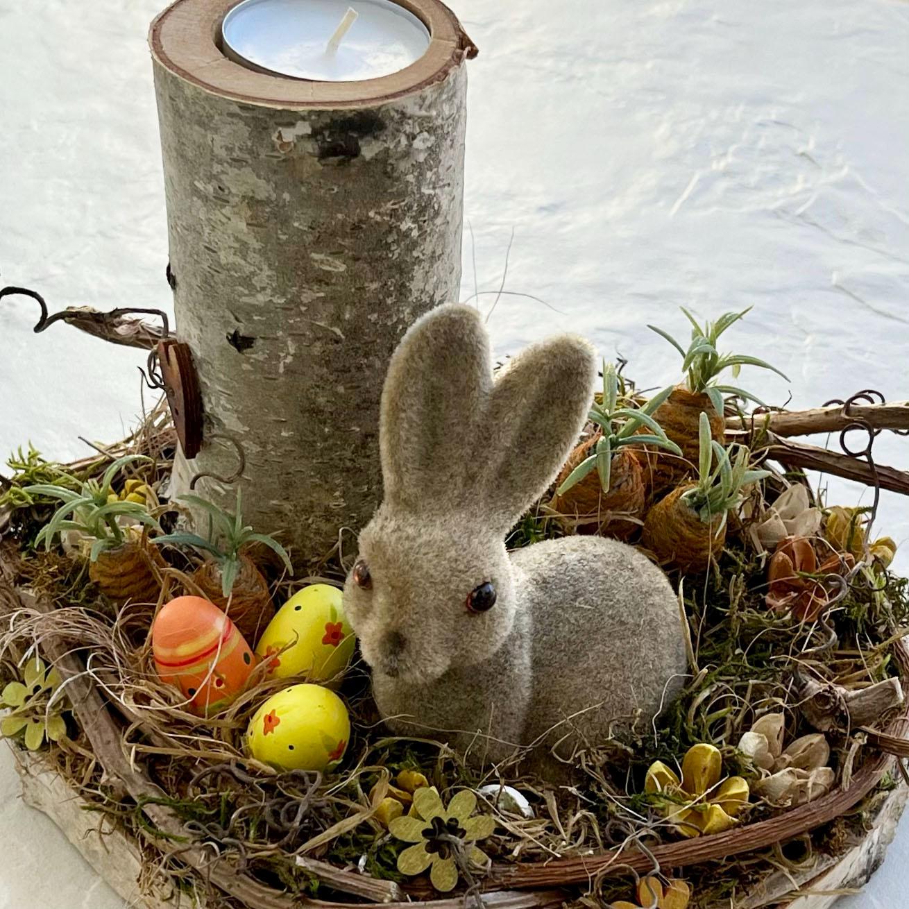 Bunny's garden, Easter table decoration, wooden candlestick, jute wrapped carrots, Easter eggs, centerpiece, farmhouse deco, Easter gift