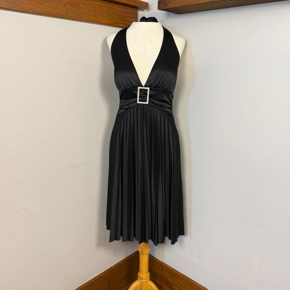 Y2K Black Halter Pleated Dress With Rhinestone Buckle Detail Size M HOCO Glam Y2K Black Halter Pleated Dress With Rhinestone Buckle Detail Size M HOCO Glam