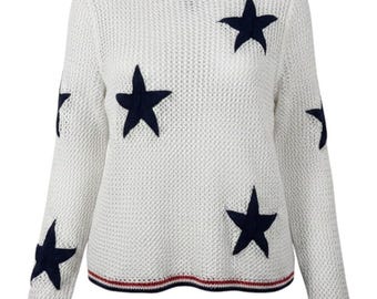 Lekki, dzianinowy sweter w stylu vintage z nadrukiem w gwiazdy w stylu patriotycznym, biały, 4 lipca PL