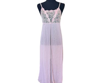 Vintage Sheer Pink Lace Slip Dress Cottagecore Fairycore Maxi XS