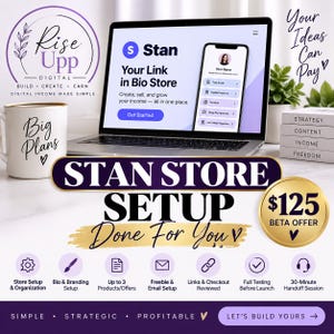 May include: A laptop displaying a Stan Store interface, a white mug with the text Big Plans, and a stack of blocks labeled Strategy, Content, Income, and Freedom. The graphic includes the text Stan Store Setup Done For You and icons for services.