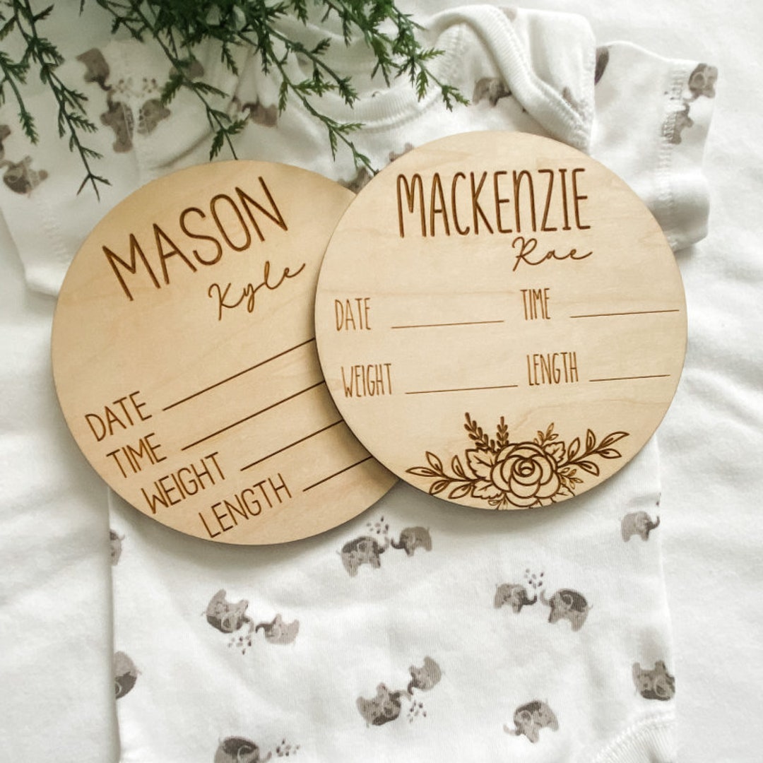 Wooden Personalized Baby Birth Stat Round | Baby Announcement Round ...