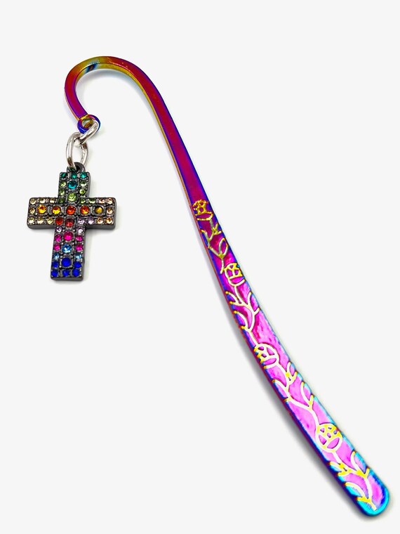 Iridescent Metal Bookmark - Colorful Crystal Cross Book Hook