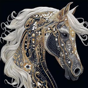 May include: A profile illustration of a horse head featuring intricate gold and black filigree patterns, embellished with numerous white and clear gemstones. The horse has a flowing, detailed white mane against a solid black background.