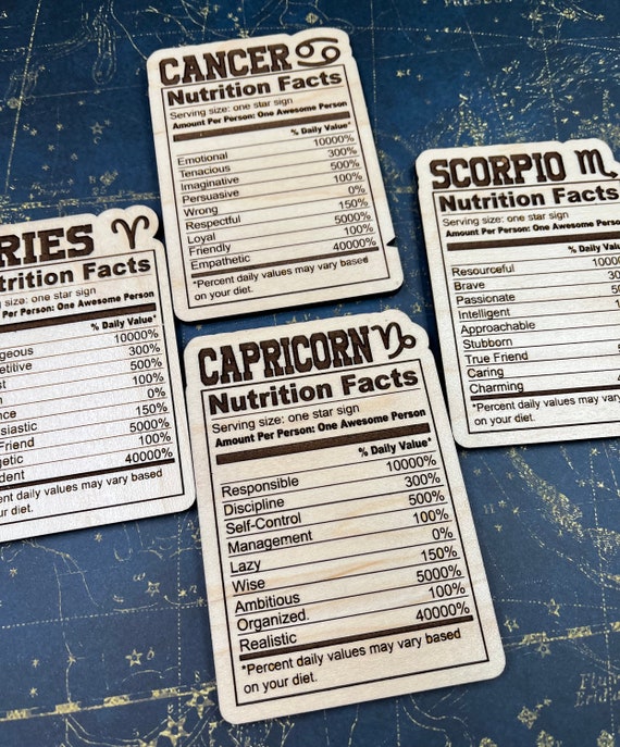 Zodiac Symbol / Nutrition Facts Wooden Magnet  - Astrological Star Sun Moon Sign Gift
